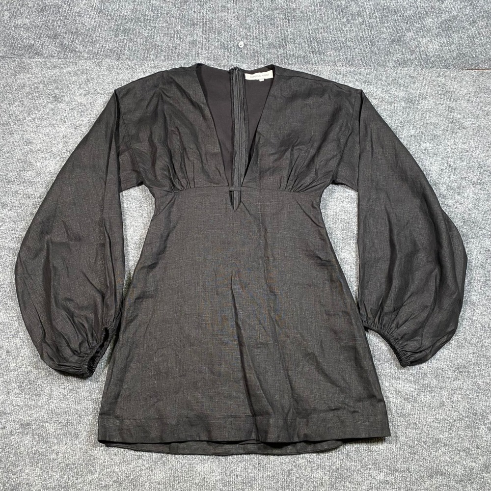 Summer Away Black 100% Linen Deep V-Neck Bishop‎ Sleeve Mini Dress Womens Medium